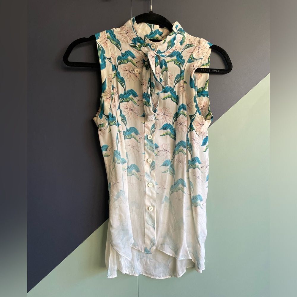 Rebecca Minkoff 100% Silk Sleeveless Floral Print Blouse w/ Neck Tie, Sz 2 EUC